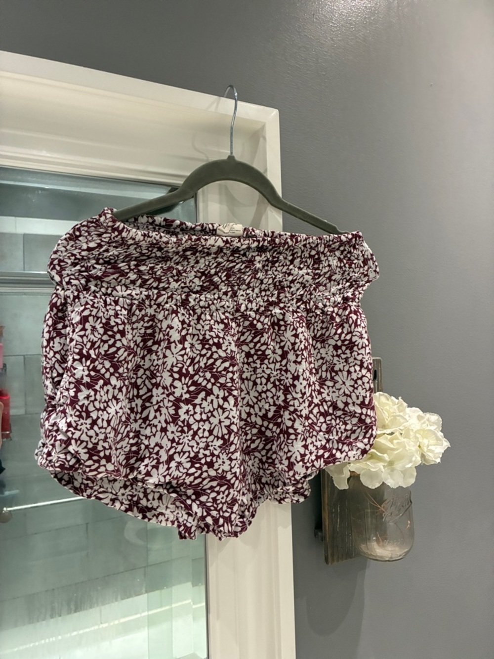 White and Burgundy Floral Smocked Waist Shorts with pockets